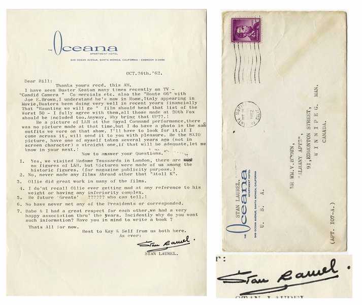 Stan Laurel Letter Signed With His Full Signature Stan Laurel -- ...I dont recall Ollie ever getting mad at any reference to his weight or having any inferiority complex...